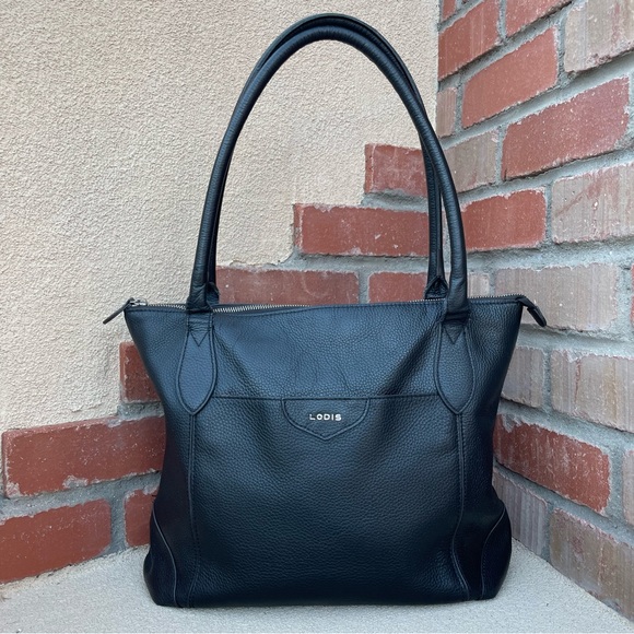 LODIS Siera Genuine Leather Luggage Travel Trolley Tote in Black w/Scarf - Picture 3 of 12